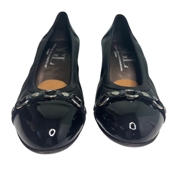 AGL Black Patent Leather Cap Toe Block Heel Pump 39.5 - Picture 2 of 10